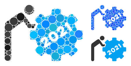 Mosaic 2021 worker rolling gear icon organized from circle items in various sizes, positions and proportions. Blue and original versions of 2021 worker rolling gear icon.のイラスト素材