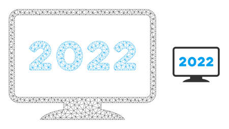 Mesh 2022 display model icon. Wire carcass polygonal mesh of vector 2022 display isolated on a white background. Abstract 2d mesh created from polygonal grid and round dots.のイラスト素材