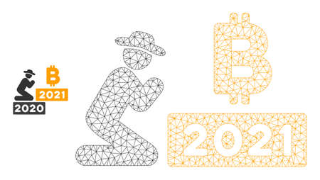 Mesh gentleman pray bitcoin 2021 model icon. Wire carcass polygonal mesh of vector gentleman pray bitcoin 2021 isolated on a white background. Abstract 2d mesh created from triangles and dots.のイラスト素材