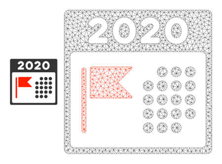 Mesh 2020 holiday calendar model icon. Wire carcass polygonal mesh of vector 2020 holiday calendar isolated on a white background. Abstract 2d mesh built from polygonal grid and round dots.のイラスト素材