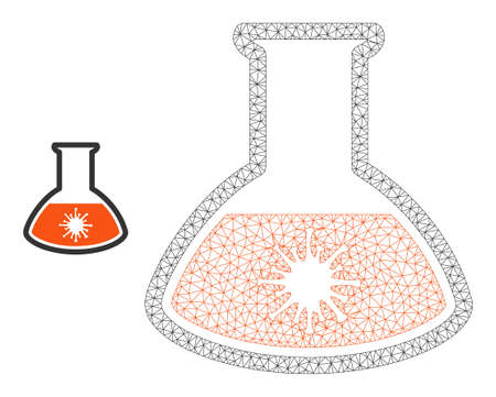 Mesh virus analysis retort model icon. Wire carcass triangular mesh of vector virus analysis retort isolated on a white background. Abstract 2d mesh designed with triangular lines and round dots.のイラスト素材