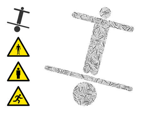 Line collage unstable man icon composed of thin items in random sizes and color hues. Line parts are composed into abstract vector collage unstable man icon. Bonus icons are placed.のイラスト素材