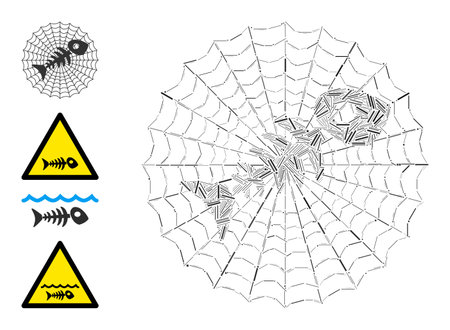 Hatch mosaic dead fish net icon organized from thin elements in various sizes and color hues. Lines items are combined into abstract vector mosaic dead fish net icon. Bonus pictograms are placed.のイラスト素材