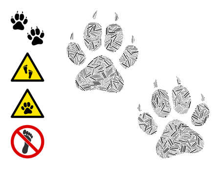 Linear collage tiger footprints icon designed from narrow items in random sizes and color hues. Lines items are arranged into abstract vector collage tiger footprints icon. Bonus icons are placed.のイラスト素材