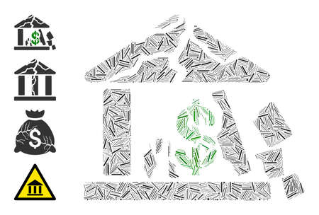 Hatch collage broken bank icon constructed from narrow items in various sizes and color hues. Irregular hatch items are united into abstract vector illustration broken bank icon.のイラスト素材