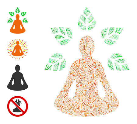 Linear mosaic ioga wellness icon united from narrow items in random sizes and color hues. Linear items are united into abstract vector collage ioga wellness icon. Bonus pictograms are added.のイラスト素材