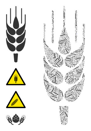 Linear mosaic barley ear icon composed of straight items in variable sizes and color hues. Linear parts are composed into abstract vector mosaic barley ear icon. Bonus icons are added.のイラスト素材