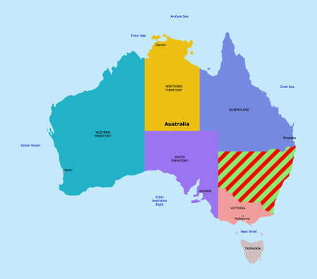 Vector New South Wales on Australia map illustration, red highlighted hatched area. Highlighted illustration of New South Wales on Australia map with red hatch for attention.のイラスト素材