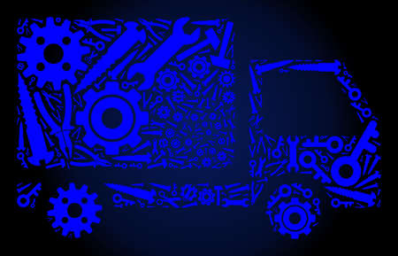Repair service delivery lorry collage of service tools on a dark blue gradient background. Vector delivery lorry is formed of blue cogs, spanners, and other tools, and based on delivery lorry icon.のイラスト素材