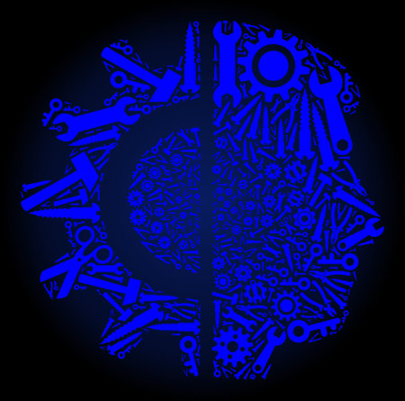 Service human robotics mosaic of service tools on a dark blue gradient background. Vector human robotics is made of blue gearwheels, wrenches, and other instruments, and based on human robotics icon.のイラスト素材