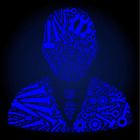 Repair service manager composition of tools on a dark blue gradient background. Vector manager is composed of blue gears, spanners, and other tools, and based on manager icon.のイラスト素材