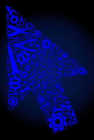 Repair service mouse cursor collage of tools on a dark blue gradient background. Vector mouse cursor is done of blue gearwheels, spanners, and other tools, and based on mouse cursor icon.のイラスト素材