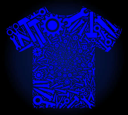 Repair workshop T-shirt collage of service tools on a dark blue gradient background. Vector T-shirt is created of blue cogwheels, spanners, and other tools, and based on T-shirt icon.のイラスト素材
