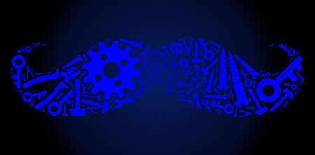 Repair workshop gentleman moustache mosaic of tools on a dark blue gradient background. Vector gentleman moustache is constructed of blue gear wheels, spanners, and other tools,のイラスト素材
