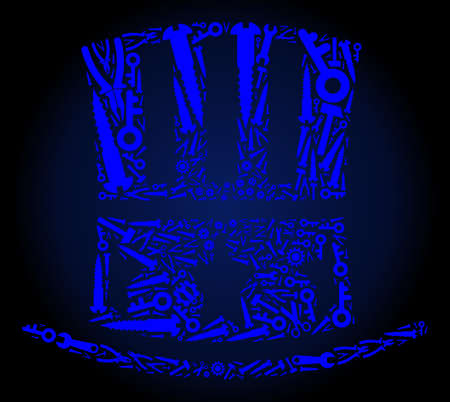 Service Uncle Sam hat mosaic of service tools on a dark blue gradient background. Vector Uncle Sam hat is constructed of blue cogs, spanners, and other instruments, and based on Uncle Sam hat icon.のイラスト素材