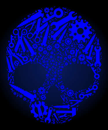 Service skull composition of service tools on a dark blue gradient background. Vector skull is made with blue gearwheels, spanners, and other tools, and based on skull icon.のイラスト素材
