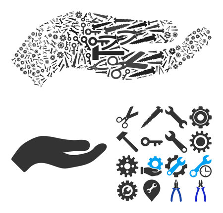 Service hand composition of service tools. Vector hand is formed of gear wheels, wrenches, and other tools, and based on hand icon. Abstraction of mechanic company.のイラスト素材