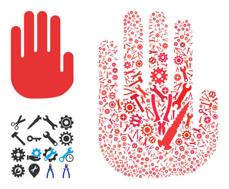Repair service stop hand mosaic of service tools. Vector stop hand is organized with gear wheels, wrenches, and other tools, and based on stop hand icon. Abstraction of maintenance service.のイラスト素材