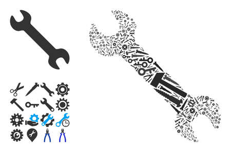 Repair service wrench composition of service tools. Vector wrench is created from cogs, spanners, and other tools, and based on wrench icon. Concept of technical service.のイラスト素材