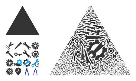 Service filled triangle composition of service tools. Vector filled triangle is constructed of gears, spanners, and other instruments, and based on filled triangle icon. Concept of industrial service.のイラスト素材