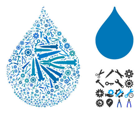 Repair service drop collage of service tools. Vector drop is made of gearwheels, wrenches, and other tools, and based on drop icon. Abstraction of tuning work.のイラスト素材