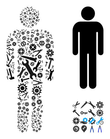 Repair service man user composition of service tools. Vector man user is constructed with gearwheels, wrenches, and other tools, and based on man user icon. Abstraction of industrial service.のイラスト素材