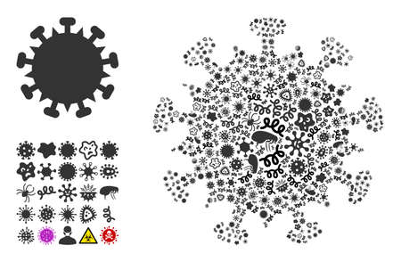 Vector infectious SARS virus icon mosaic of pandemic microbes. SARS virus mosaic is done of infectious elements, parasites, microbes, spores, contagious agents, and based on SARS virus icon.のイラスト素材