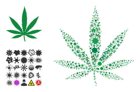 Vector infection cannabis leaf icon mosaic of contagious microbes. Cannabis leaf mosaic is organized of infectious items, parasites, microbes, spores, contagious agents,のイラスト素材
