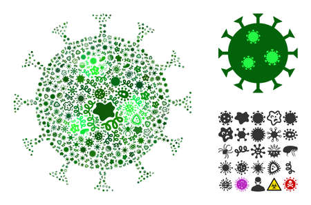 Vector virus covid-19 flu virus icon composition of contagious microbes. Covid-19 flu virus collage is designed with virus elements, parasites, microbes, spores, contagious agents,のイラスト素材