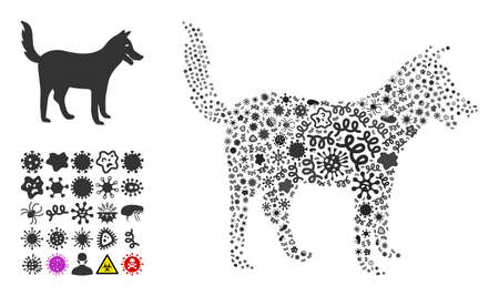 Vector infection dog icon mosaic of contagious items. Dog mosaic is organized of infection items, parasites, microbes, spores, contagious agents, and based on dog icon.のイラスト素材