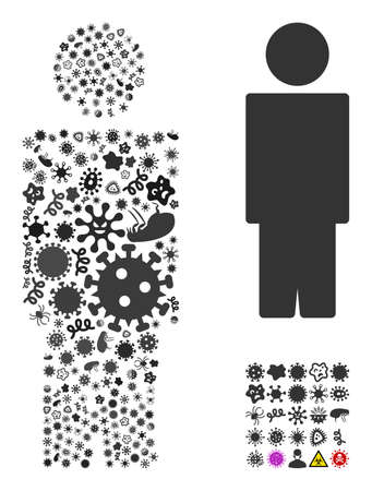 Vector infection person icon collage of contagious microbes. Person collage is shaped from infection items, parasites, microbes, spores, contagious agents, and based on person icon.のイラスト素材