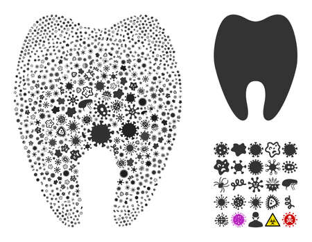 Vector virus tooth icon composition of contagious items. Tooth mosaic is designed of infection items, parasites, microbes, spores, contagious agents, and based on tooth icon.のイラスト素材