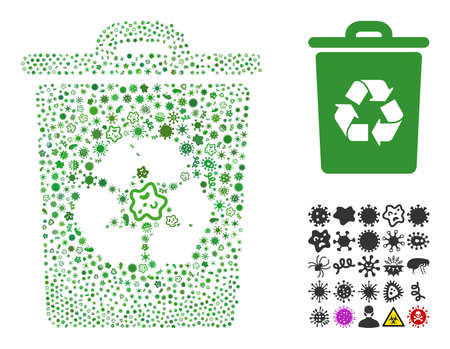 Vector virus recycle bin icon mosaic of contagious microbes. Recycle bin mosaic is done of virus elements, parasites, microbes, spores, contagious agents, and based on recycle bin icon.のイラスト素材
