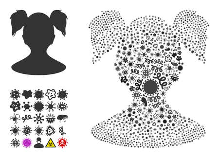 Vector infectious young girl icon collage of contagious microbes. Young girl mosaic is created of infectious items, parasites, microbes, spores, contagious agents, and based on young girl icon.のイラスト素材