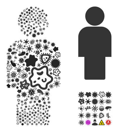 Vector infectious person icon composition of contagious items. Person mosaic is designed of virus items, parasites, microbes, spores, contagious agents, and based on person icon.のイラスト素材