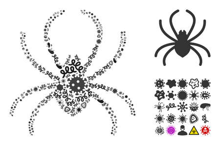Vector virus spider icon collage of contagious microbes. Spider collage is composed with virus elements, parasites, microbes, spores, contagious agents, and based on spider icon.のイラスト素材