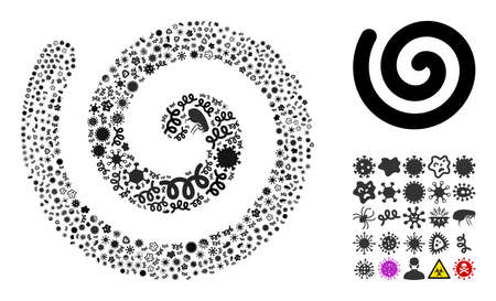 Vector infectious spiral icon mosaic of pandemic items. Spiral mosaic is designed of infectious elements, parasites, microbes, spores, contagious agents, and based on spiral icon.のイラスト素材