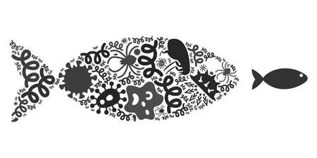 Vector infection fish icon collage of contagious microbes. Fish collage is done of virus elements, parasites, microbes, spores, contagious agents, and based on fish icon.のイラスト素材