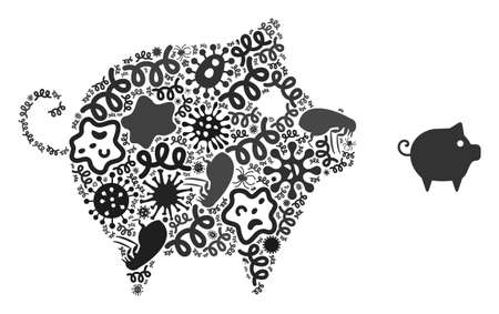 Vector virus piggy icon collage of pandemic cells. Piggy collage is composed from virus elements, parasites, microbes, spores, contagious agents, and based on piggy icon.のイラスト素材