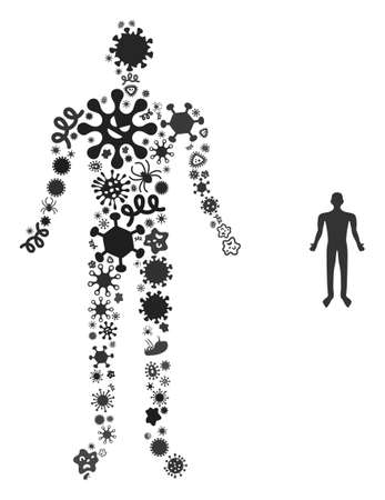 Vector virus human icon composition of contagious cells. Human mosaic is designed of virus elements, parasites, microbes, spores, contagious agents, and based on human icon.のイラスト素材