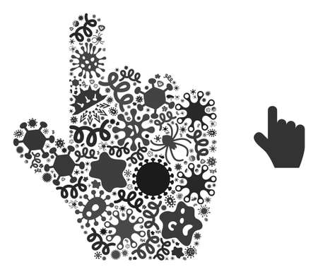 Vector virus pointer finger icon composition of contagious microbes. Pointer finger mosaic is organized from virus elements, parasites, microbes, spores, contagious agents,のイラスト素材