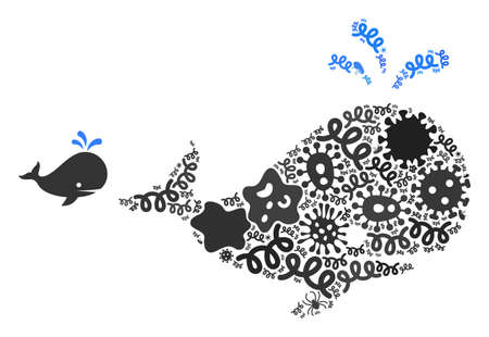 Vector virus whale icon composition of contagious microbes. Whale collage is designed of infection items, parasites, microbes, spores, contagious agents, and based on whale icon.のイラスト素材