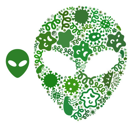 Vector virus alien face icon mosaic of pandemic microbes. Alien face mosaic is done with infectious elements, parasites, microbes, spores, contagious agents, and based on alien face icon.のイラスト素材
