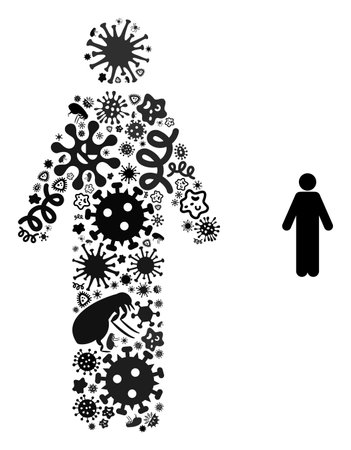 Vector infectious man person icon mosaic of contagious items. Man person mosaic is shaped with infection items, parasites, microbes, spores, contagious agents, and based on man person icon.のイラスト素材
