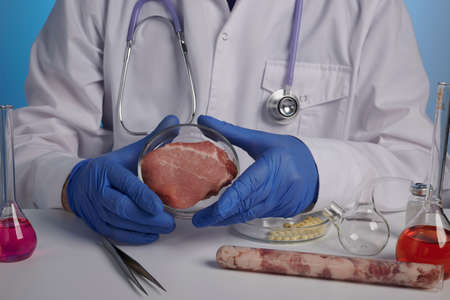 Scientist shows genetically grown meat in a glass petri dish. Artificial meat inside petri dish and test tube glassware. Doctor inspects victimless fake meat. Food production for vegans. Experiment of meat growing in chemical glassware. Synthetic GMO food production ans testing.の写真素材