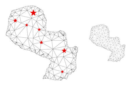 Polygonal mesh Paraguay map with red star centers. Abstract mesh connected lines and stars form Paraguay map. Vector wireframe flat polygonal network in black and red colors.のイラスト素材