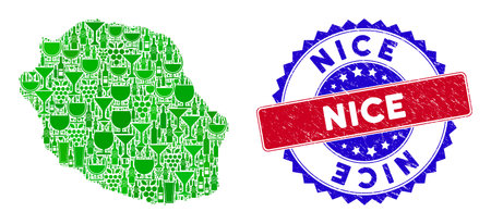 Vector collage of wine Reunion Island map with grunge bicolor Nice stamp. Red and blue bicolored seal with grunge surface and Nice slogan. Reunion Island map collage is created with wine cups,のイラスト素材