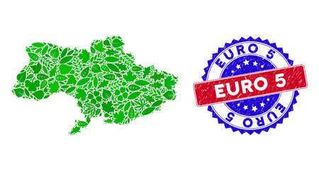 Eco Ukraine map collage of herbal leaves in green color shades and grunge bicolor Euro 5 seal stamp. Red and blue bicolored seal with scratched surface and Euro 5 phrase.のイラスト素材