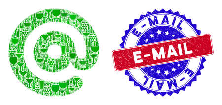 Vector email symbol icon wine collage with grunge bicolor E-Mail seal stamp. Red and blue bicolored seal with rubber texture and E-Mail caption. Email symbol collage icon designed with wine cups,のイラスト素材