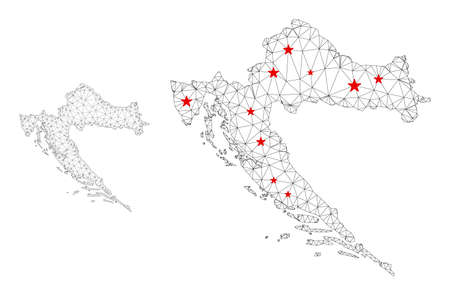 Polygonal mesh Croatia map with red star centers. Abstract network connected lines and stars form Croatia map. Vector wireframe flat polygonal network in black and red colors.のイラスト素材